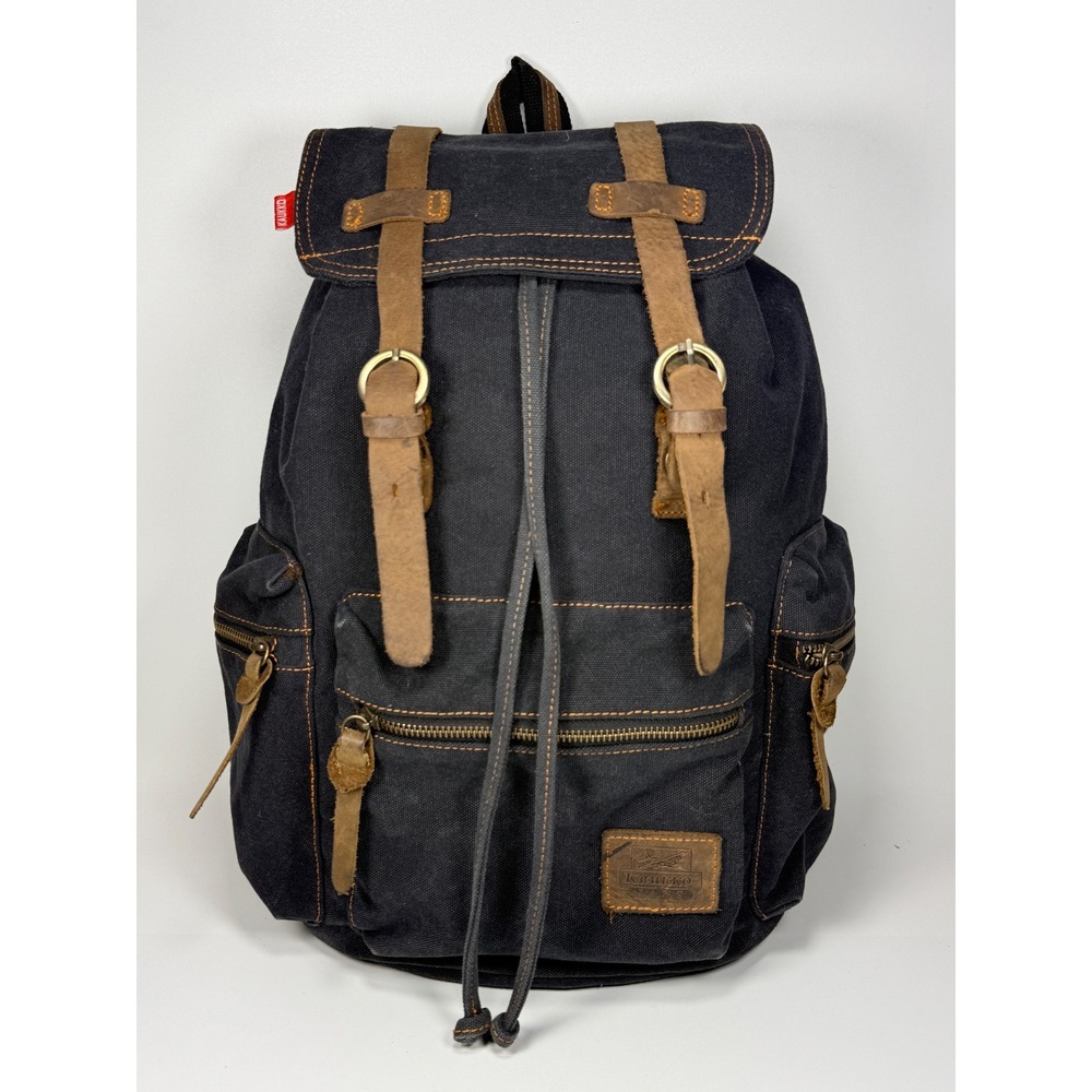 Kaukko Mens Backpack Rucksack Black Canvas Leather Trim Hiking Travel Commuter